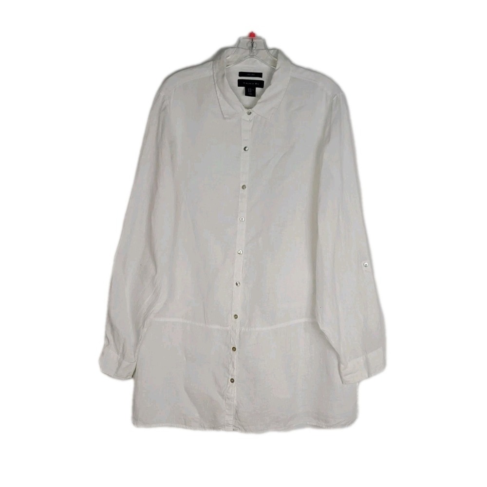 Tahari Women XL White Off 100%  Linen  Roll Up Long Sleeve Button Up Shirt Tunic